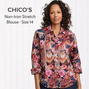 Chico’s Floral Paisley Non-Iron Stretch Blouse Size 2.5 / US 14 Cotton